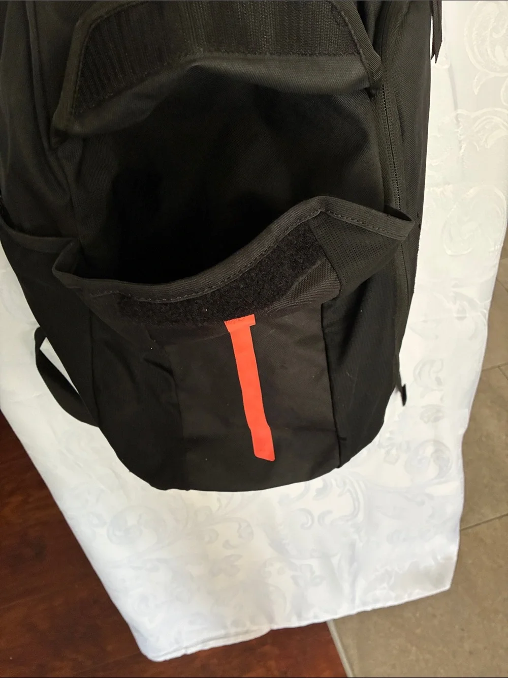 Nike Black Backpack with Neon Yellow Swoosh and Red Stripe Accents